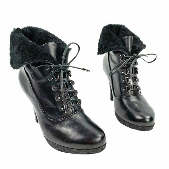 KENNETH COLE NY Mason Black Leather Fold Over Faux Fur Booties - Picture 11 of 11